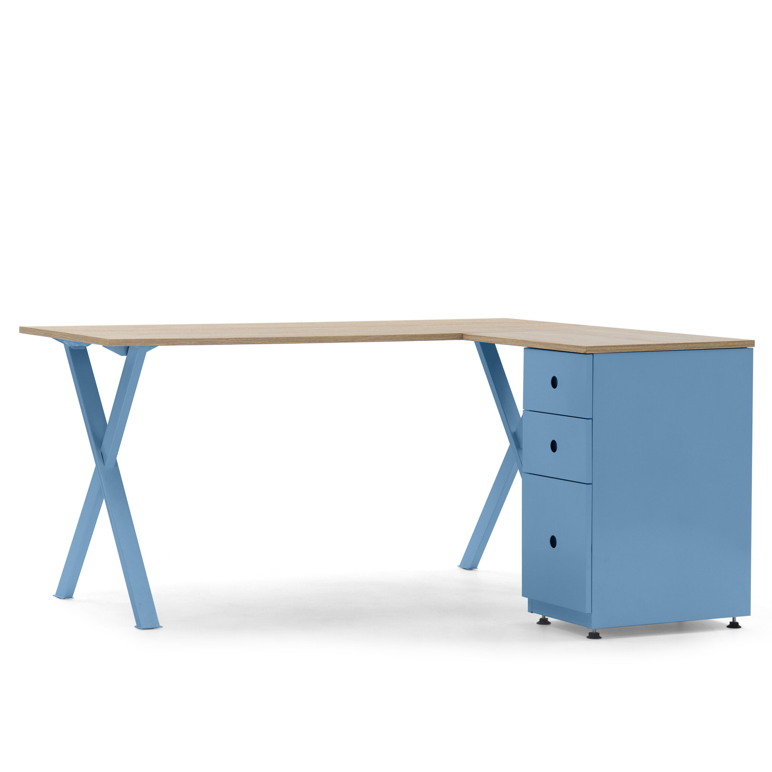 Escritorio azul en L con archivador