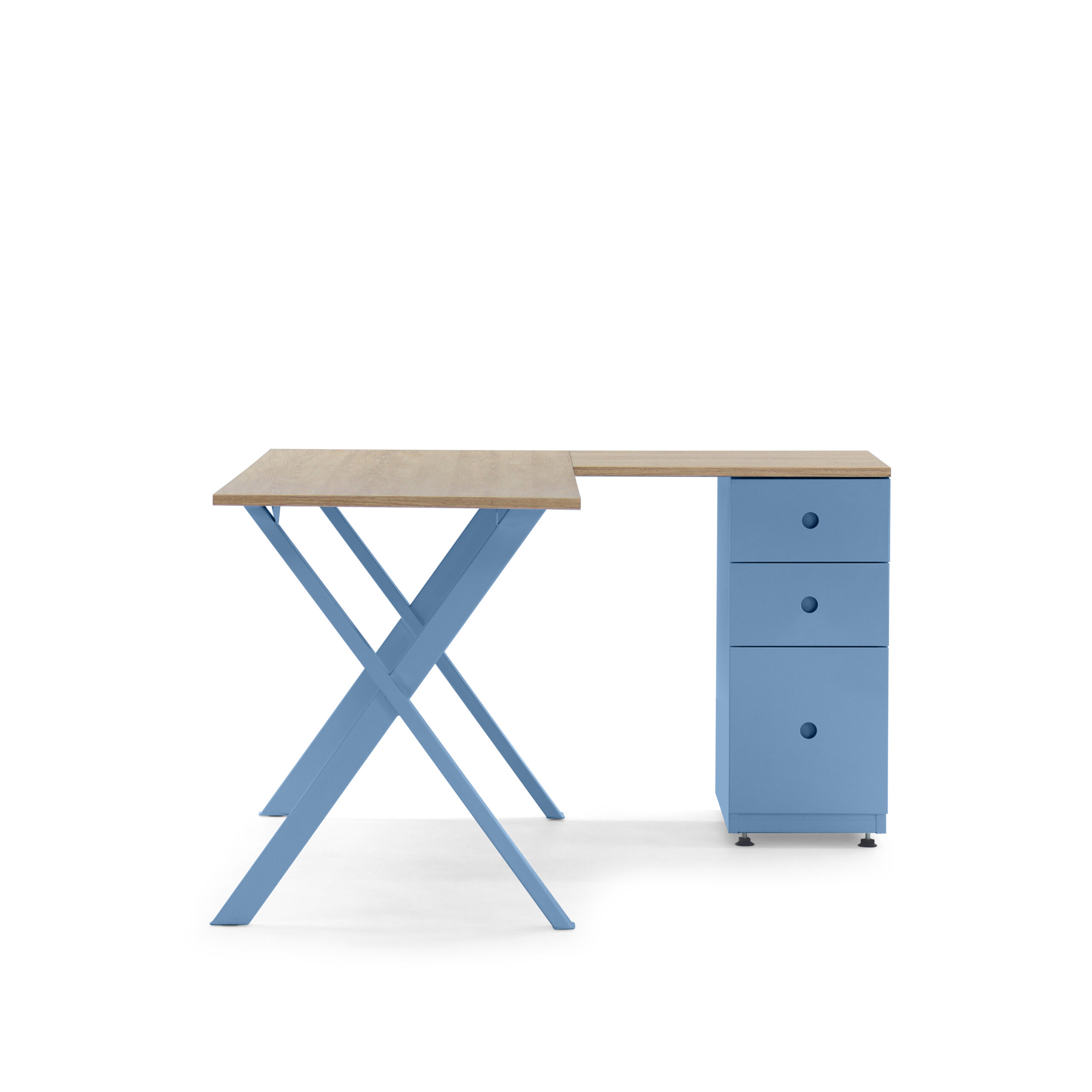 Escritorio azul en L con archivador