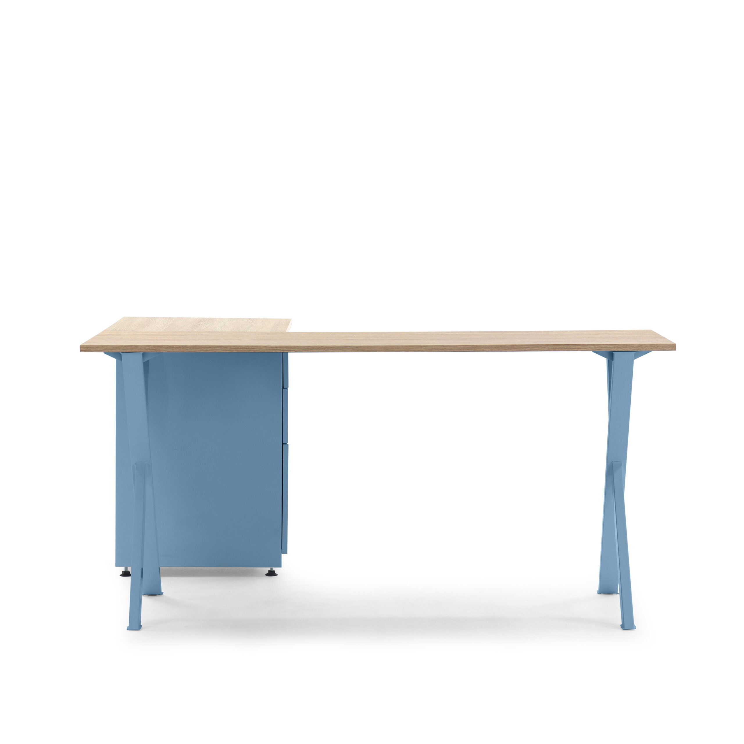 Escritorio azul en L con archivador
