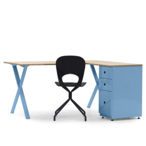 Escritorio azul en L con archivador