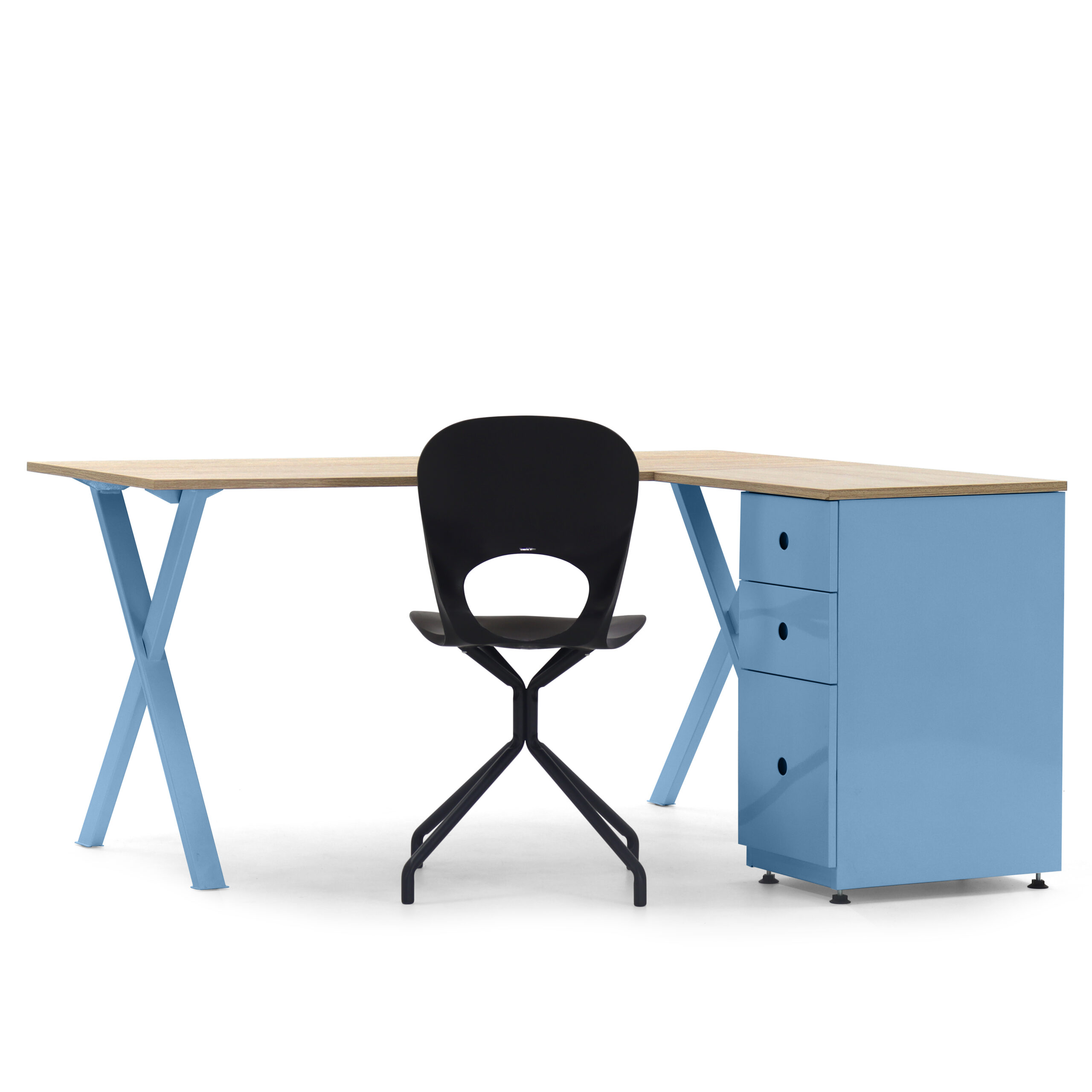 Escritorio azul en L con archivador
