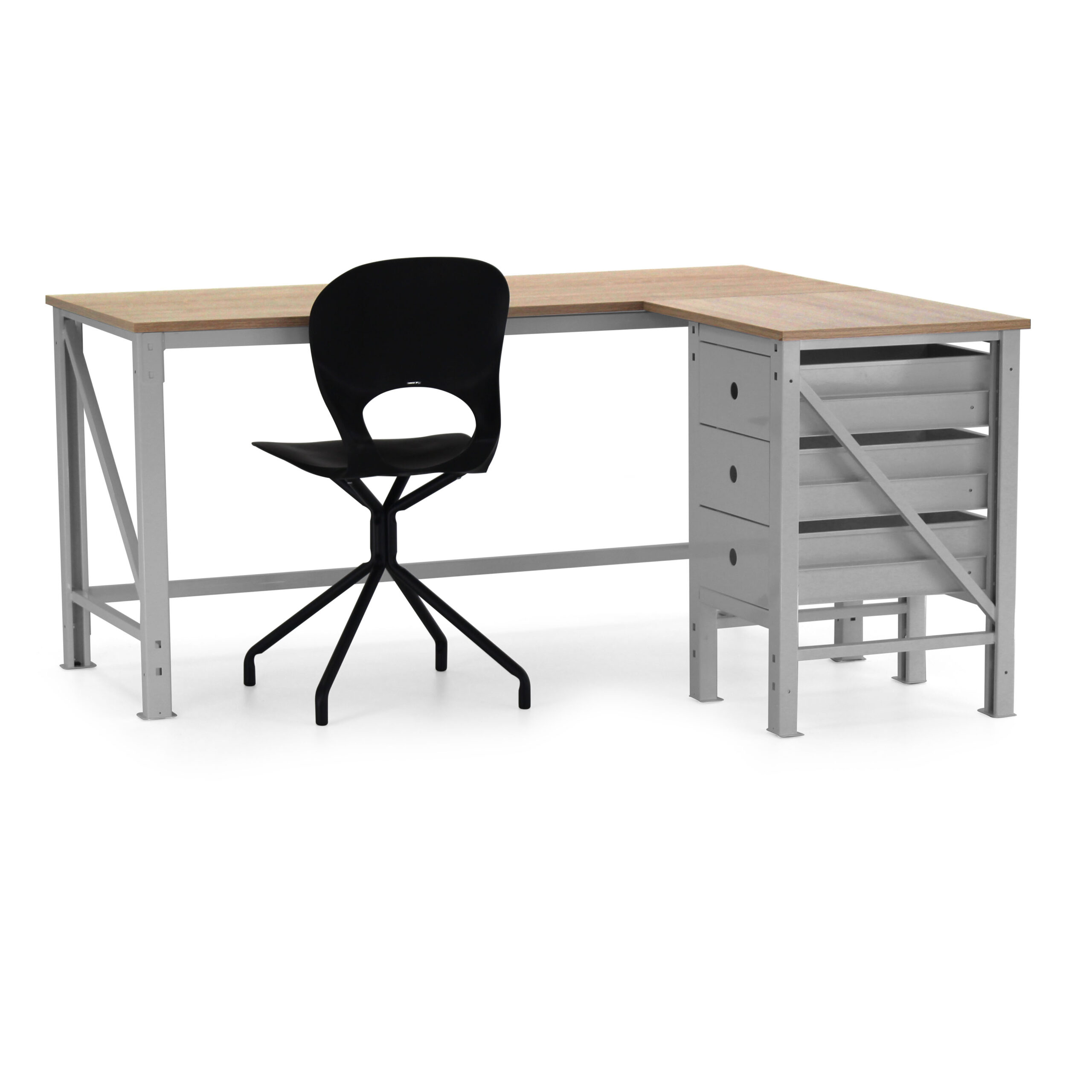 Escritorio en L con archivador gris