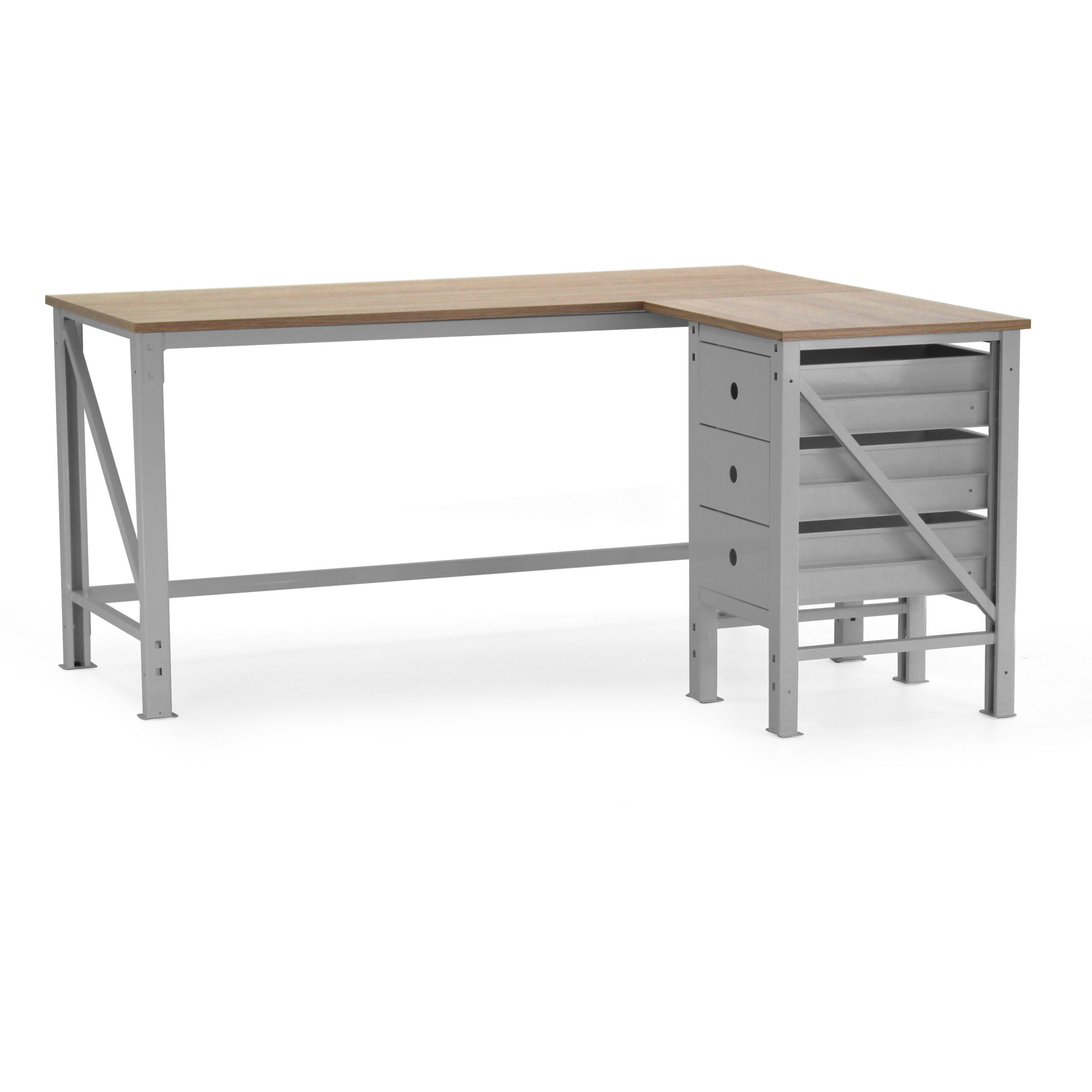 Escritorio en L con archivador gris